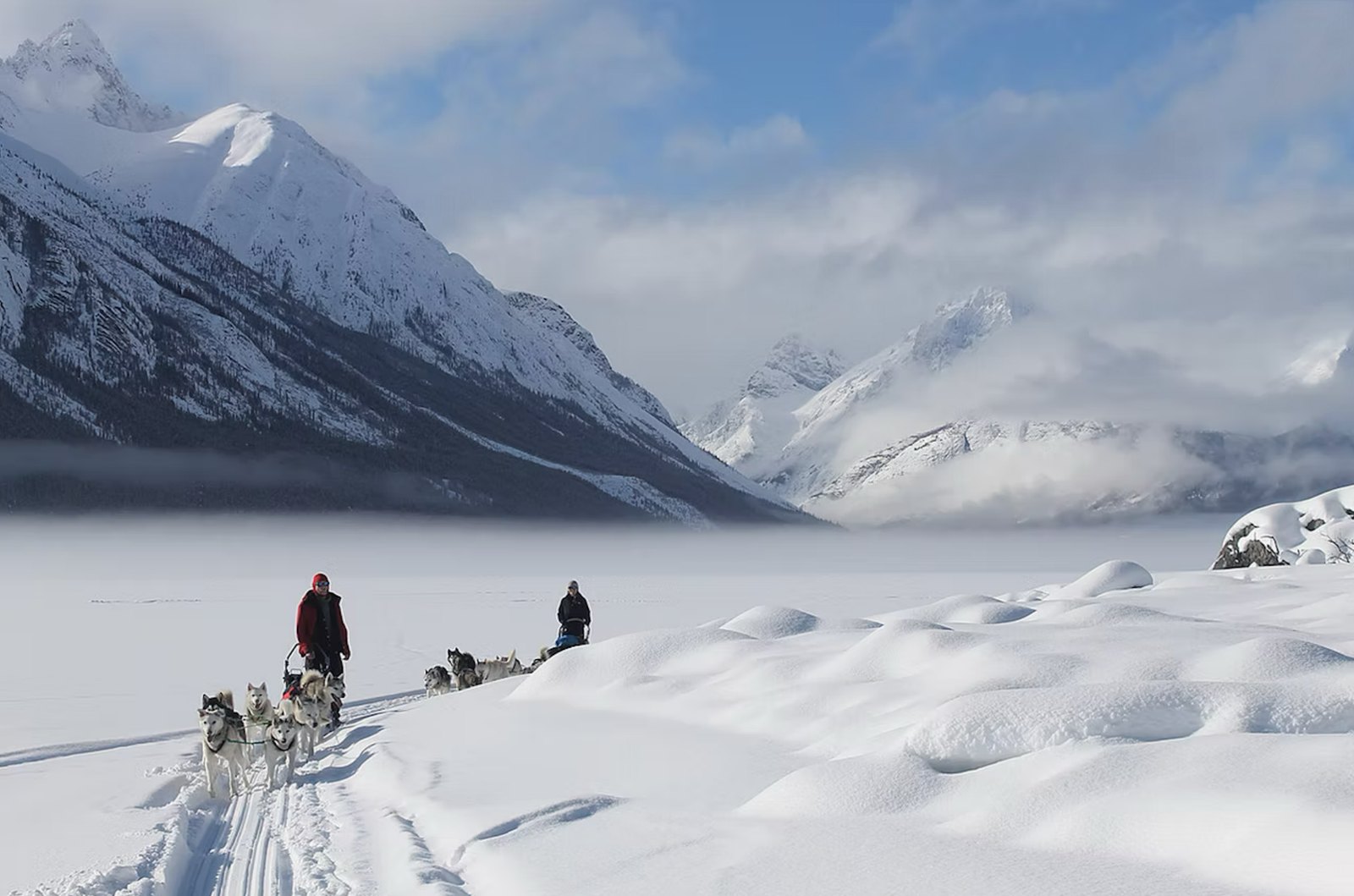 Deux attelages sur un lac gelé sous les montagnes dans la brume, Yukon