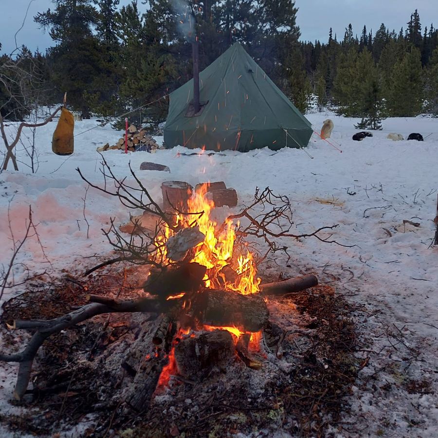 Feu de camp devant la tente chauffée, au camp d'hiver