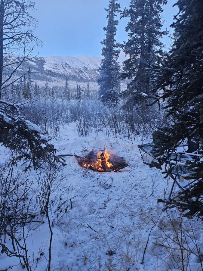 Feu de camp d'hiver dans la forêt boréale