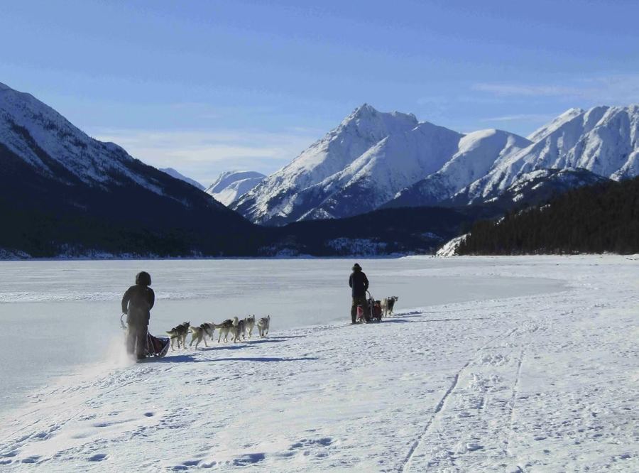 Deux mushers et leurs attelages sur un lac gelé, face aux montagnes